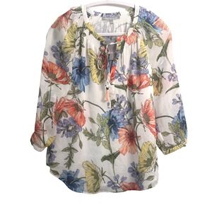 Daniel Rainn Floral Print Blouse Tassel Tie Neck 3/4 Sleeve‎ Top Size S